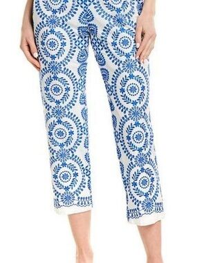 Jude Connally White Cotton Crop Pants with Blue Floral Medallion Embroidery